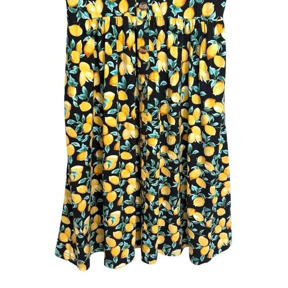 WNEEDU Summer Dress Size Large Black Yellow Lemon Print Cap Sleeves Pockets - Picture 4 of 8